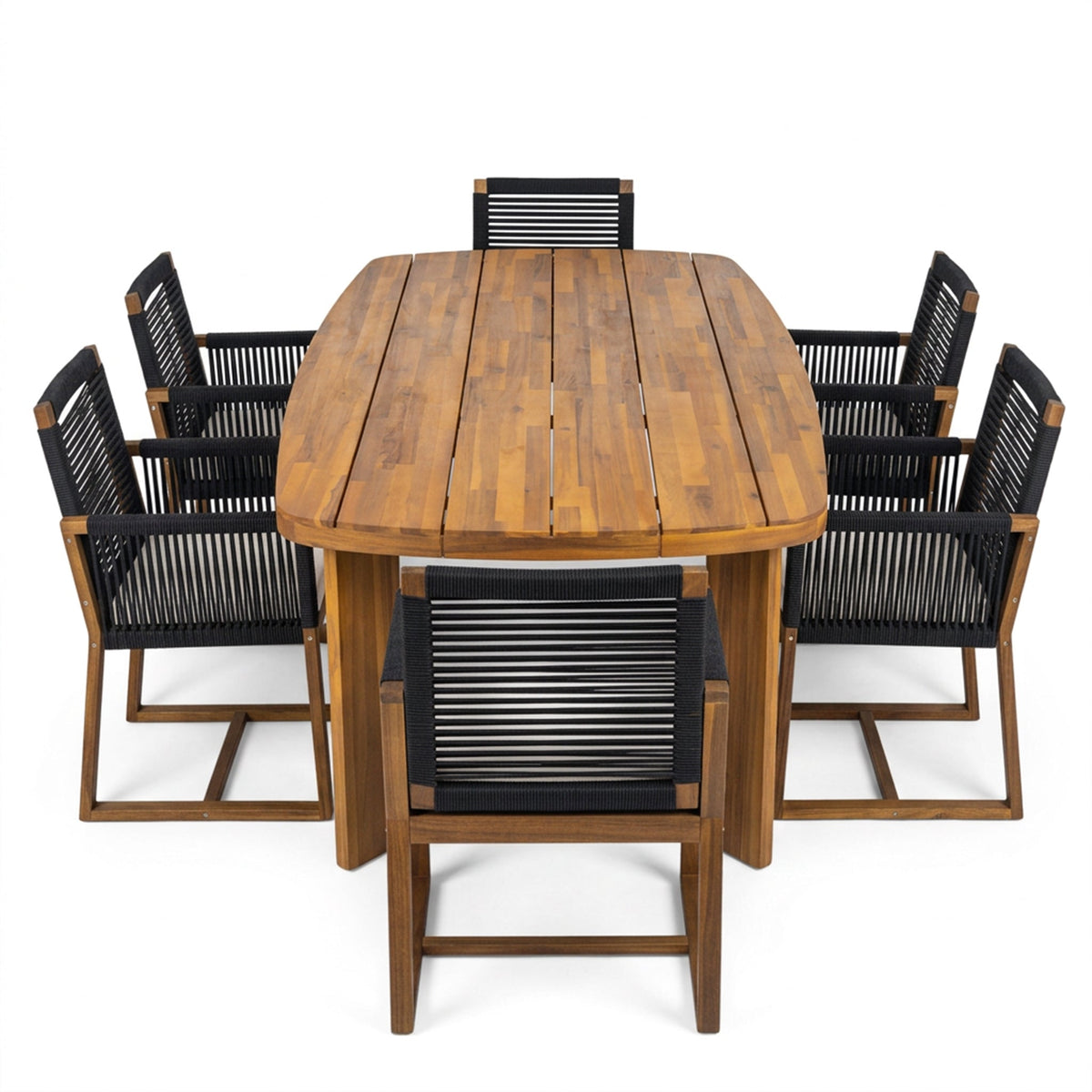 7-Piece Acacia Wood Outdoor Dining Set with Cushioned Arm Chairs - Teak Finish, photo 9 of 10