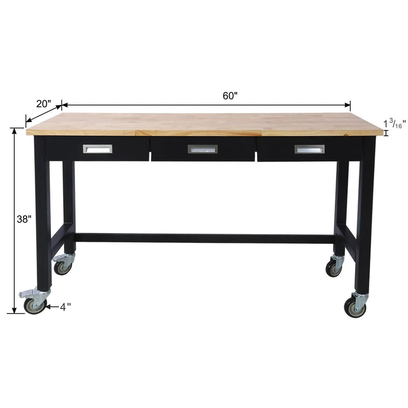 Work Bench, Workbench With Drawer Storage, Heavy Duty Bamboo Wood Work Table With Wheels For Garage Home Office by HouseOfZazla