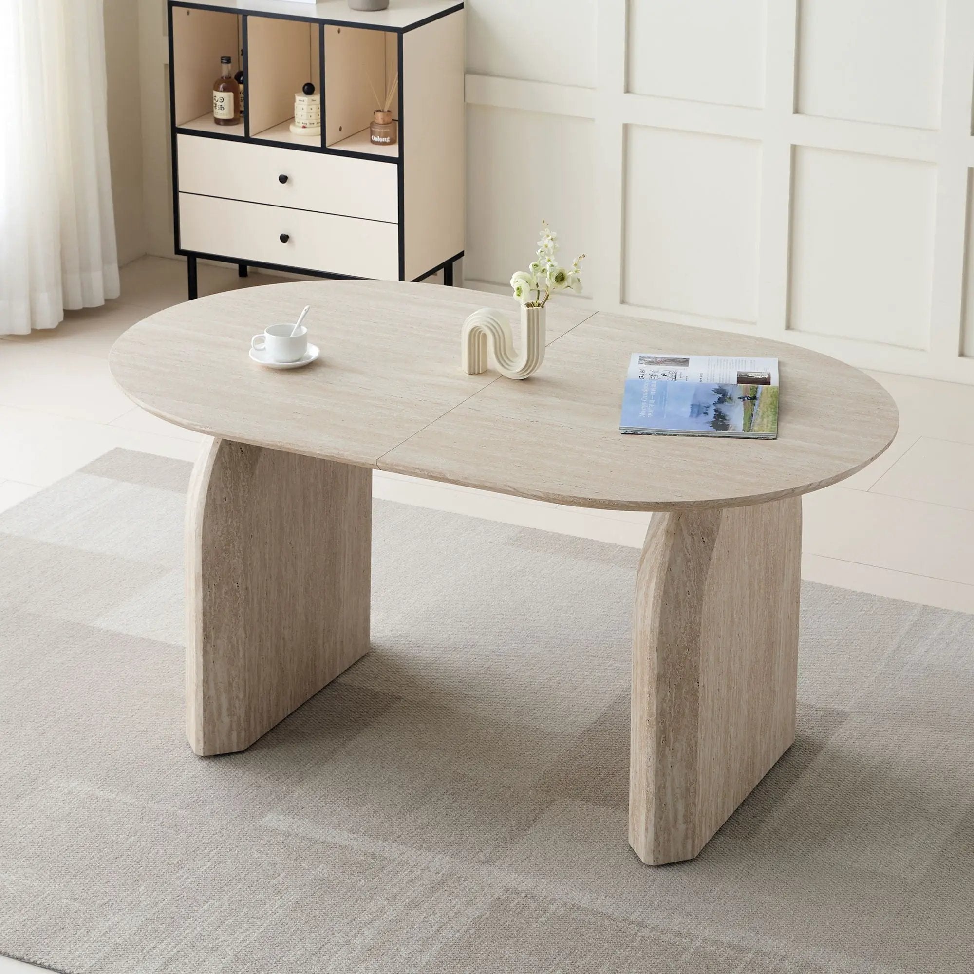 Oval Extendable Dining Table With Dual Pillar Design - Off White by Unique Piece Furniture