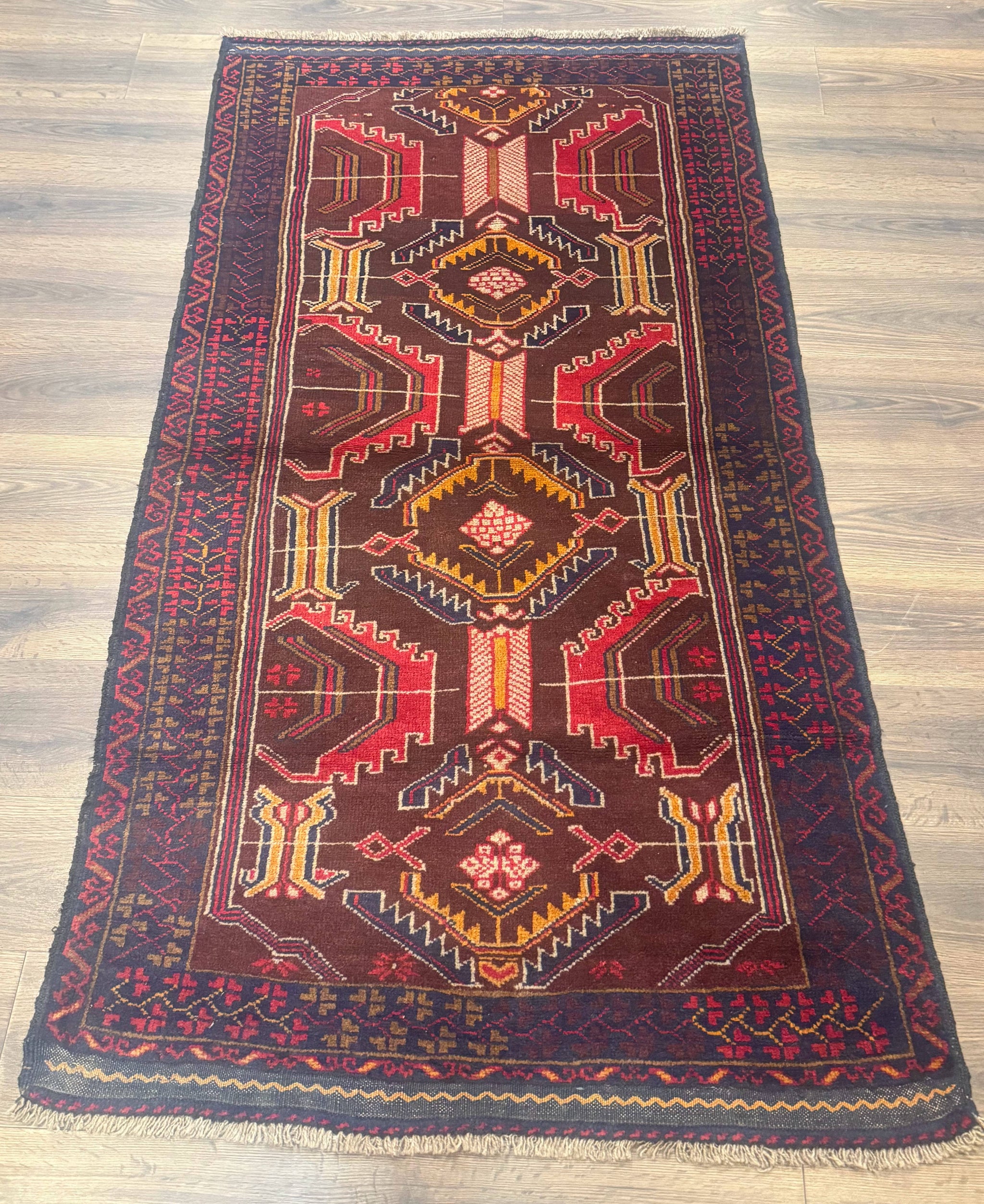 Afghan Rug 3x7, Maroon and Navy Blue, Balouch Carpet, Tribal Rug, New by Jewel Rugs