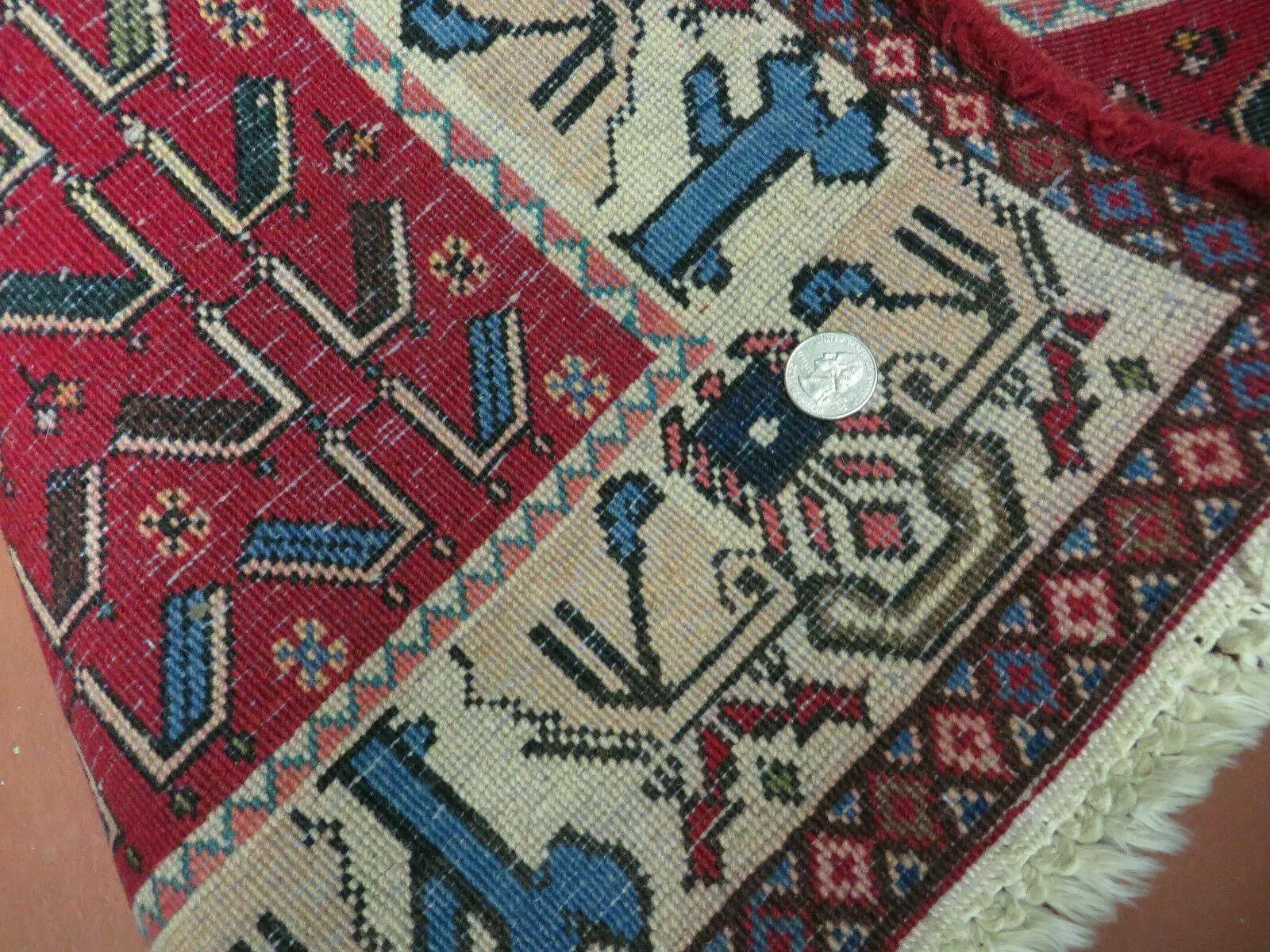 3' X 5' Vintage Handmade India Geometric Oriental Wool Rug Nice Birds Ivory Red by Jewel Rugs