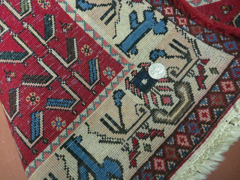 3' X 5' Vintage Handmade India Geometric Oriental Wool Rug Nice Birds Ivory Red by Jewel Rugs