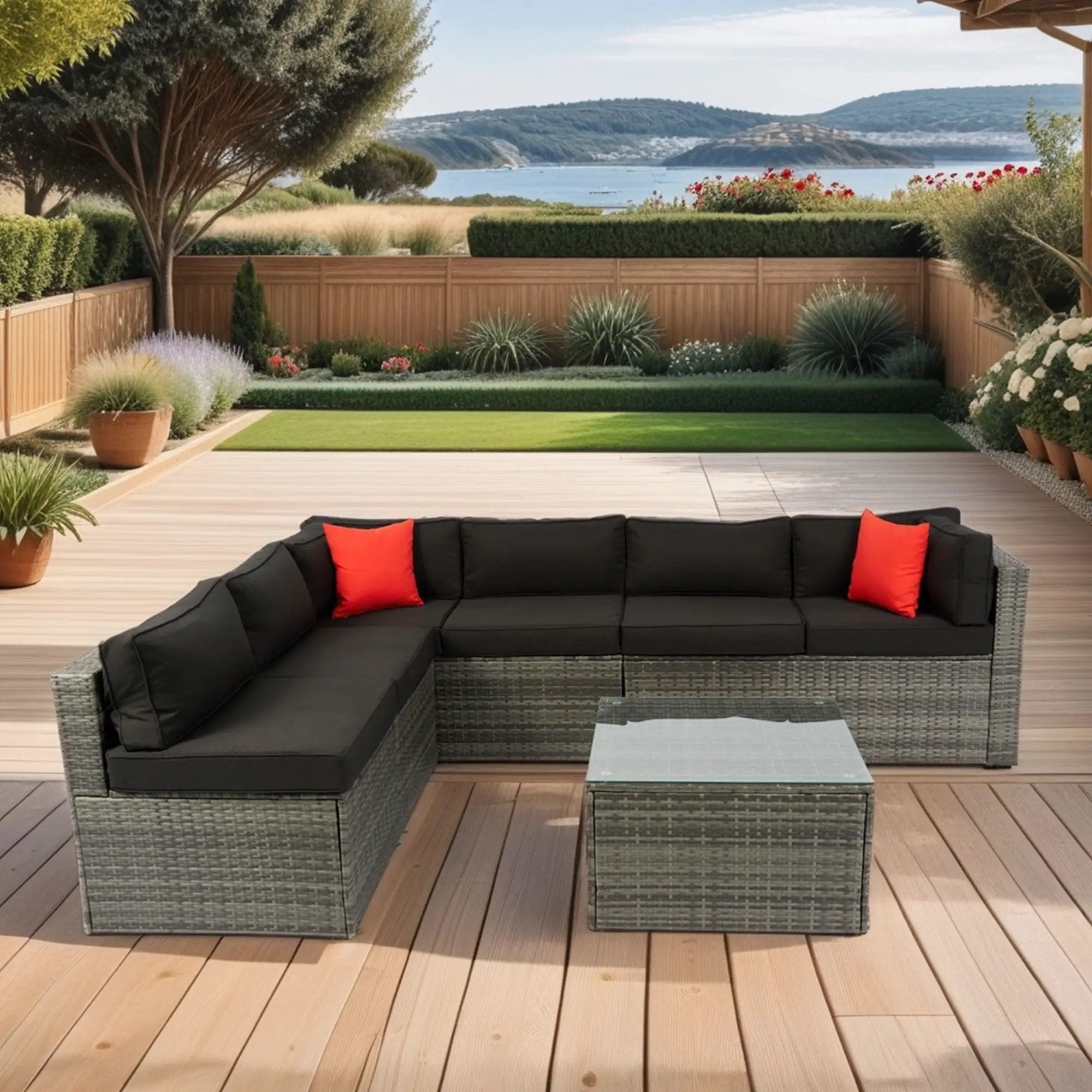 5 Pieces Rattan Sectional Outdoor Furniture Cushioned U Sof Set With 2 Pillow - Gray / Black by HouseOfZazla