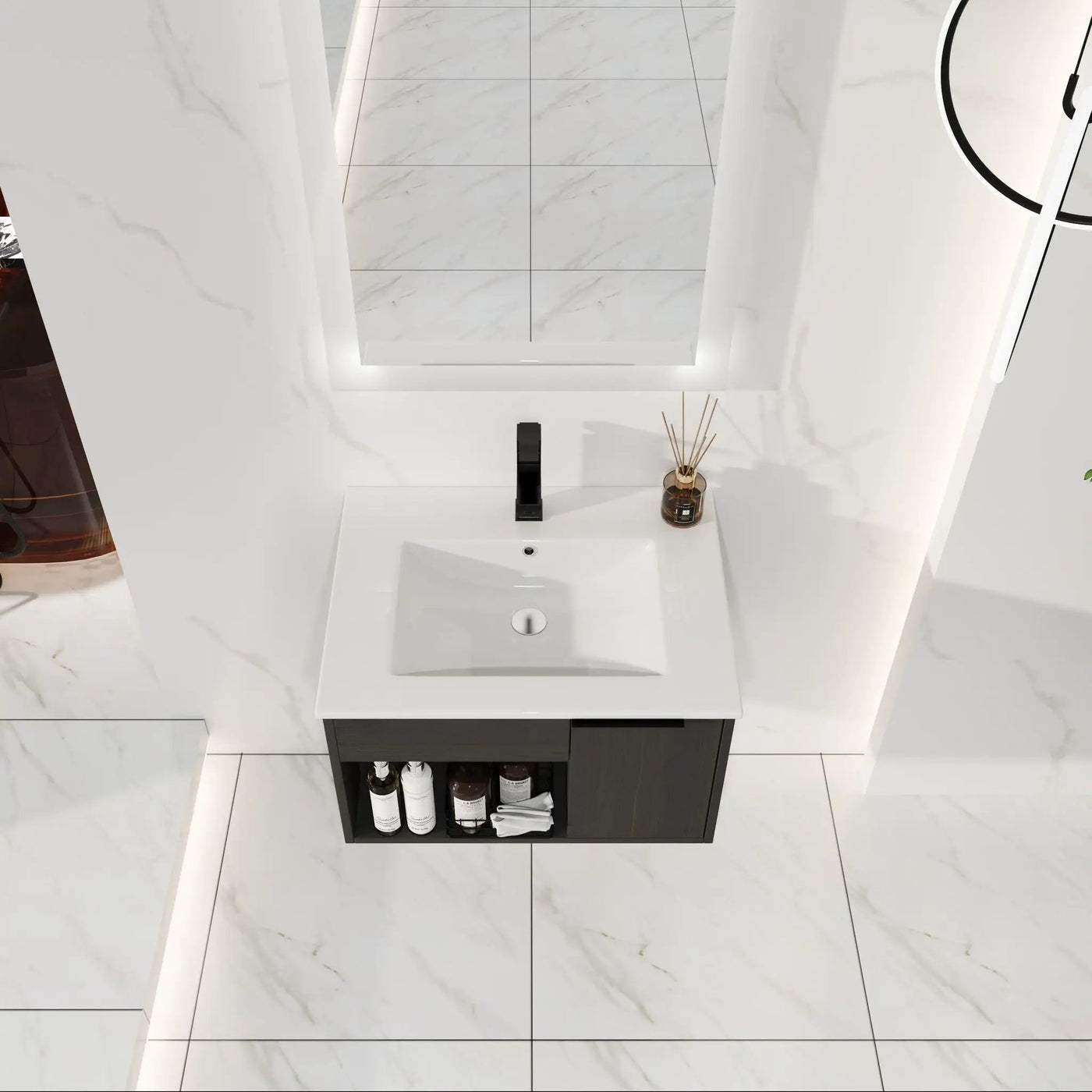 Wall Mounted Floating Bathroom Vanity With Open Shelf & Soft Close Door by HouseOfZazla