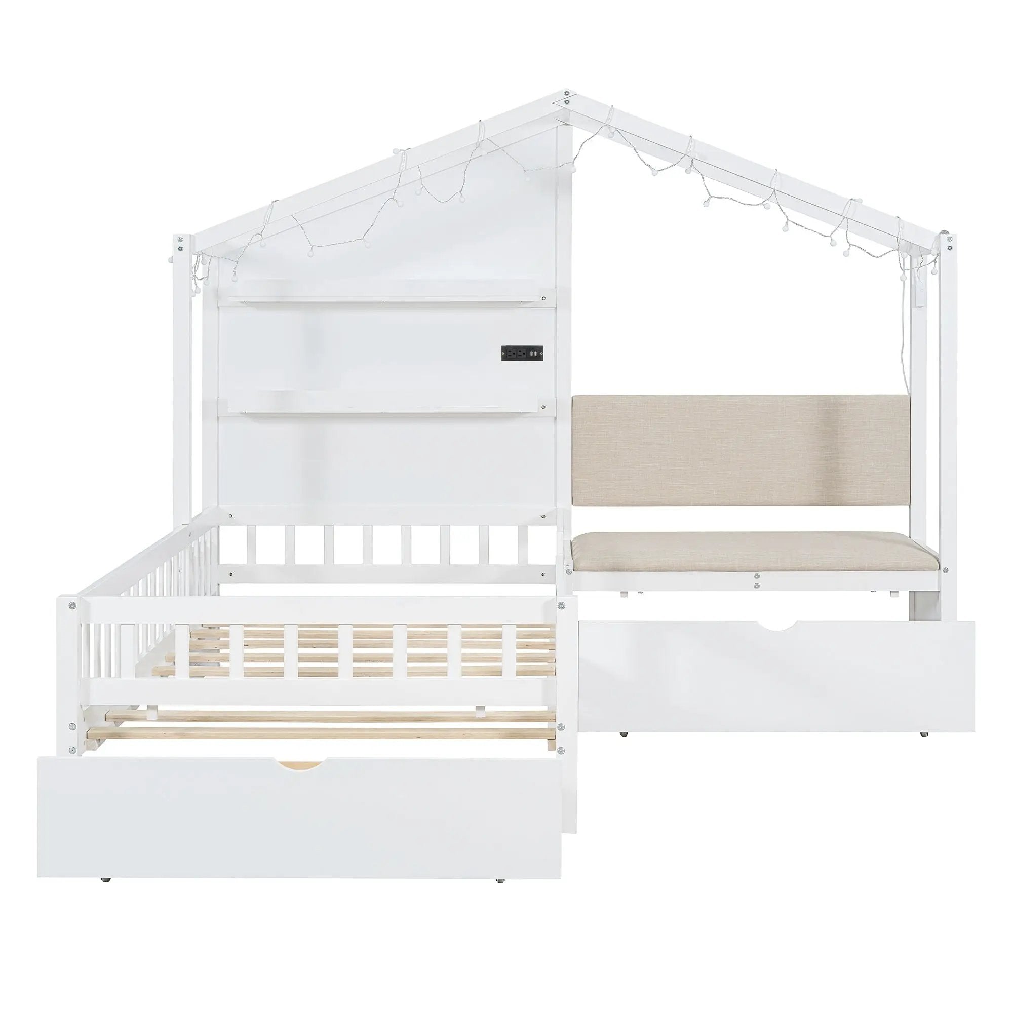 House Bed With Upholstered Sofa, Wireless Charging Station, Shelves And 2 Drawers by HouseOfZazla