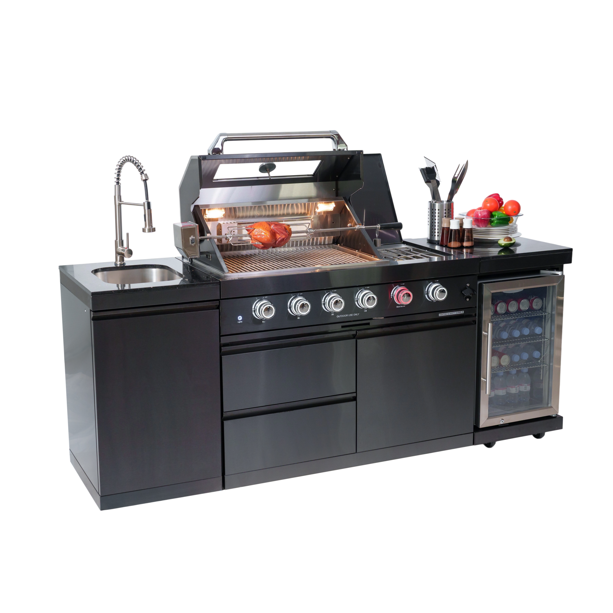 NG 85" 4-Burner 72,000 BTU Black Outdoor Kitchen Island Grill + Refrigerator + Sink by Chery Industrial