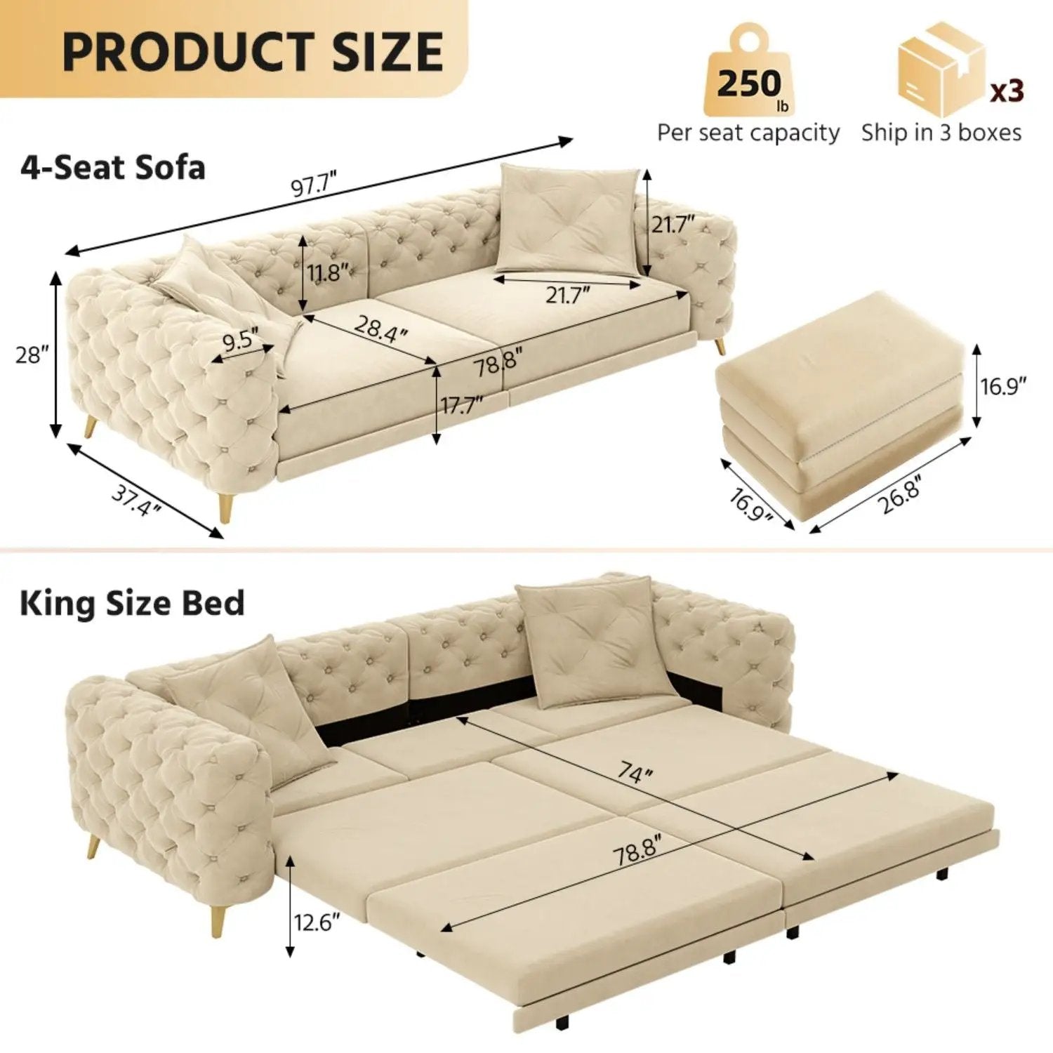 3 In 1 Convertible Sleeper Sofa, Pull Out Bed, Button Tufted, 4 Seater Couch With Movable Ottoman For Apartment - Apricot by HouseOfZazla