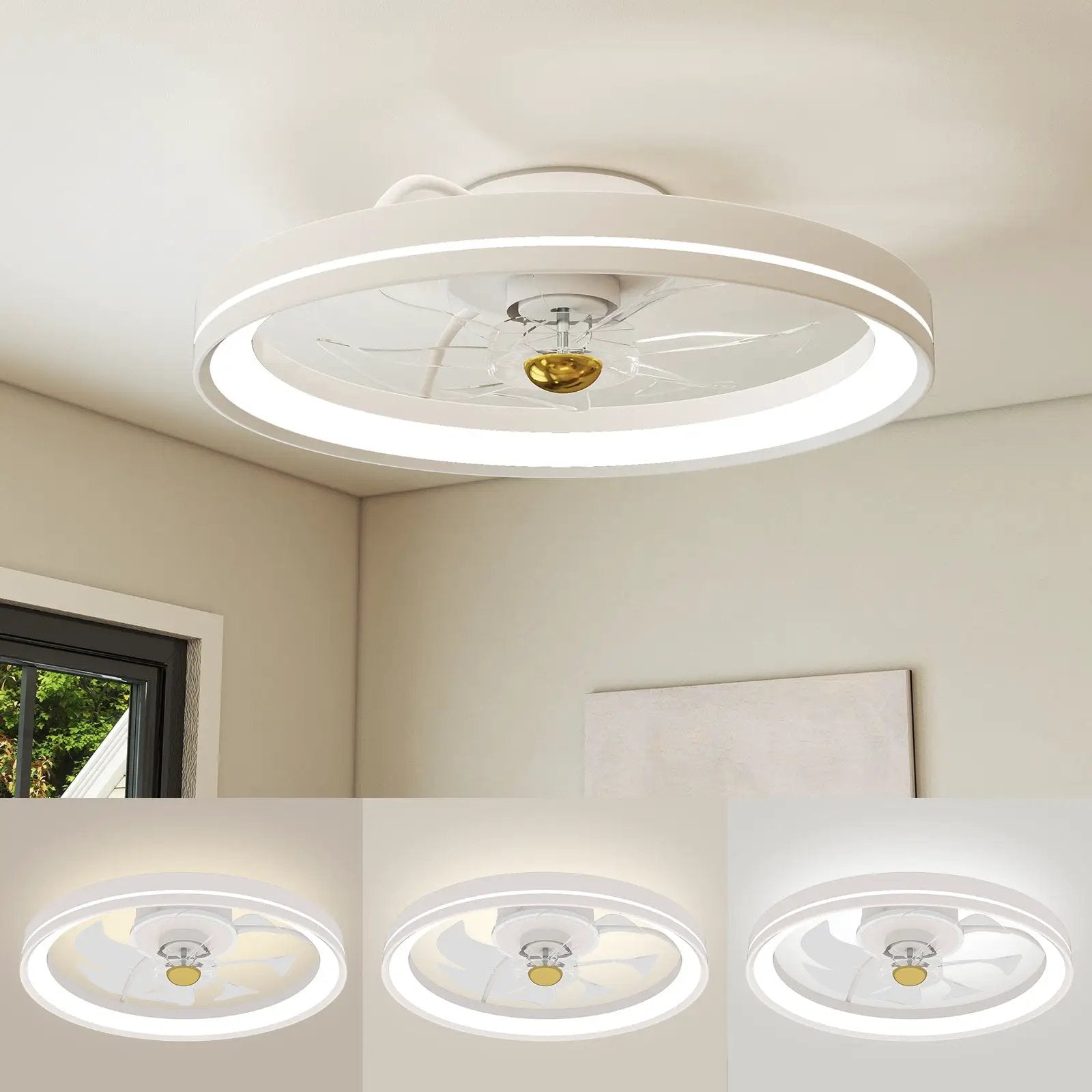 19 Inch Ceiling Fan Low Profile Flush Mount Fan with 3000-6500K Dimmable LED-White by DirectDeals
