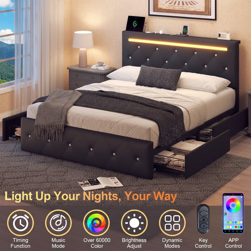 Upholstered Bed Frame With LED Lights, 4 Storage Drawers, Charging Station by HouseOfZazla