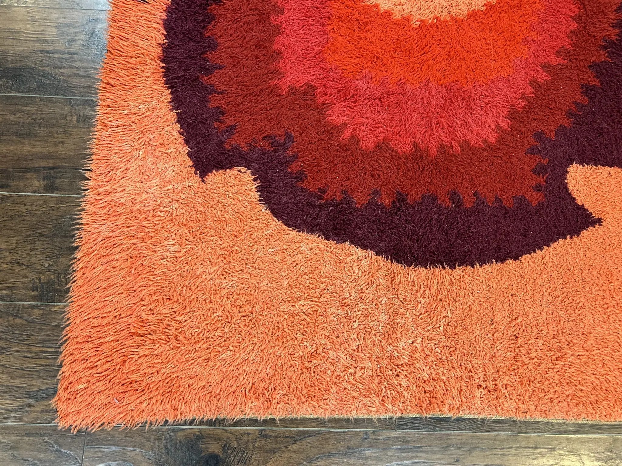Danish Rya Shag Rug 4x6, Mid Century 1960s Retro Vintage Wool Rug, Shades of Red by Jewel Rugs