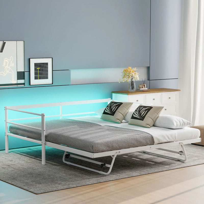 Industrial Metal Daybed With Adjustable Pop Up Trundle And LED Strip by Unique Piece Furniture