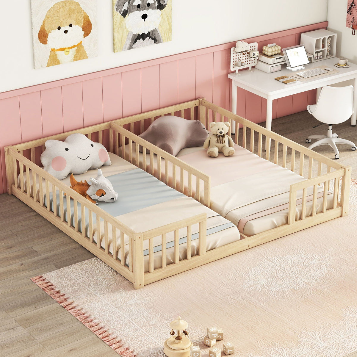 Double Floor Platform Bed with Guardrails - Twin Size - Gray, White, or Light Brown, photo 2 of 12