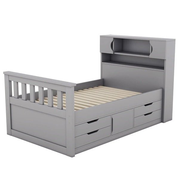 Captain Platform Bed Frame With Storage Bookcases, Shelves, And 4 Drawers