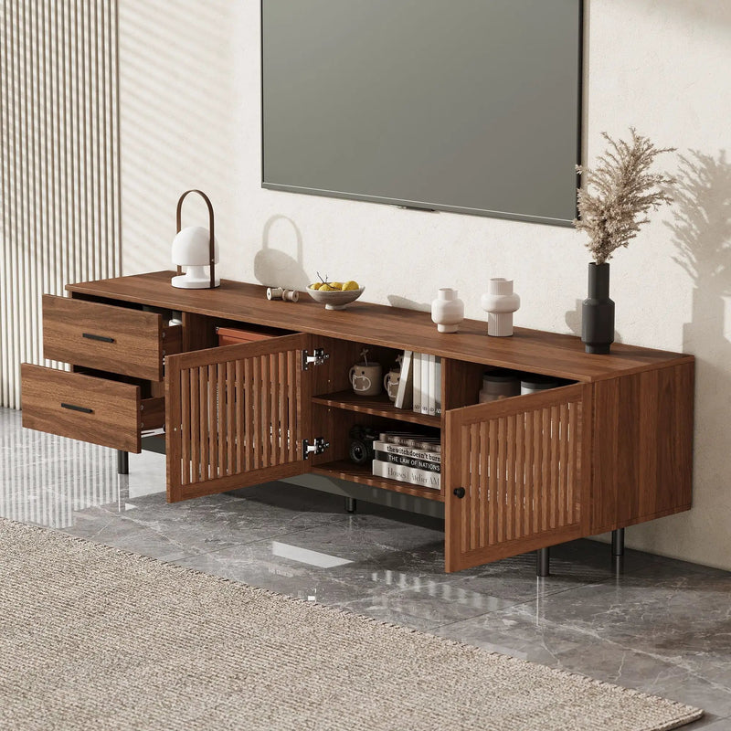78" TV Stand For TVs Up To 85" Entertainment Center With Deep Drawers & Cable Management, Soft Closing Hinges - Walnut by HouseOfZazla