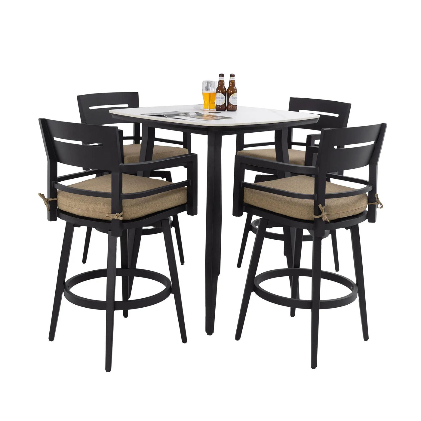 5 Pieces Outdoor Patio Bar Set, Rounded Square Sintered Stone Table & 4 Swivel Bar Chairs by HouseOfZazla