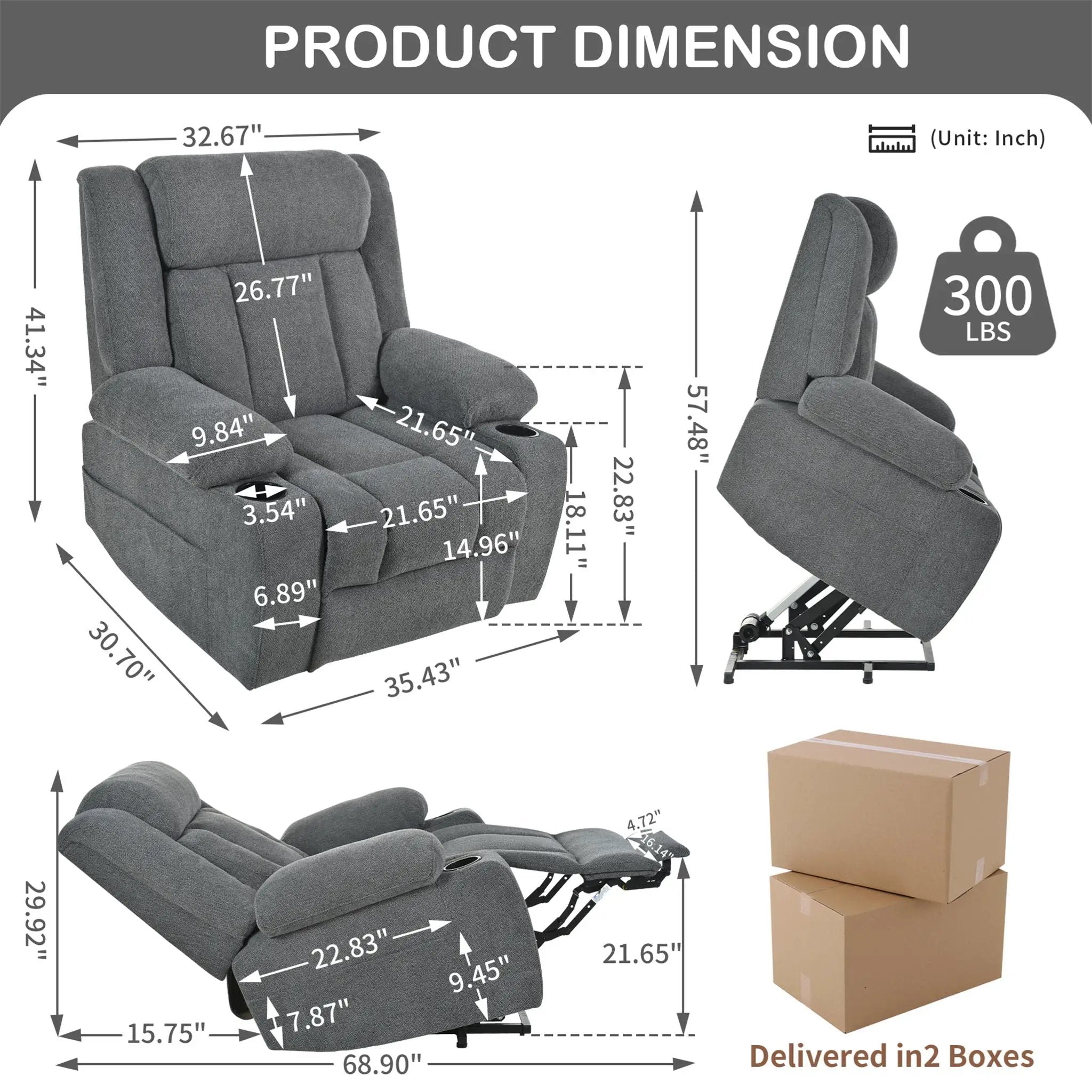 Power Lift Recliner Chair With Extended Footrest, Remote Control, Cup Holders, And Side Pockets by Unique Piece Furniture
