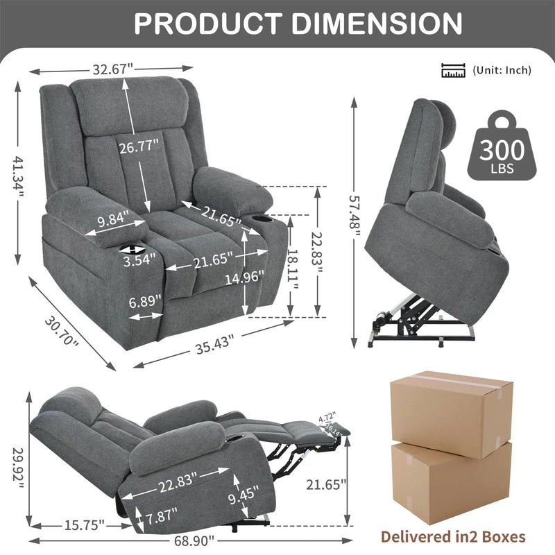 Power Lift Recliner Chair With Extended Footrest, Remote Control, Cup Holders, And Side Pockets by Unique Piece Furniture