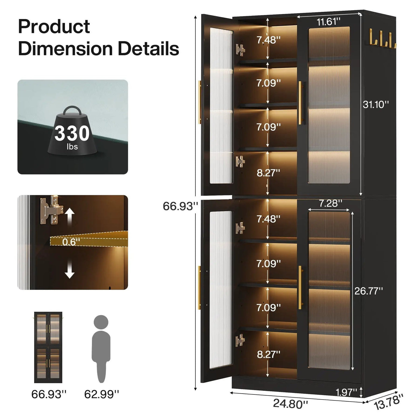 Bookcase With Doors And LED Lighting, 8 Adjustable Shelves Storage Cabinet by HouseOfZazla