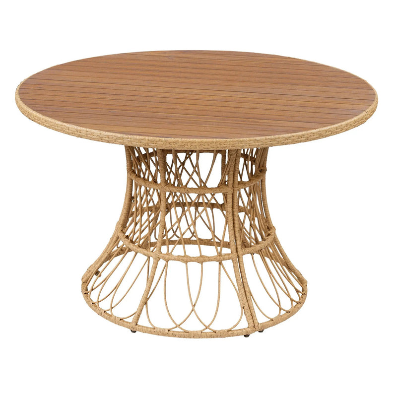 5-Piece Outdoor Dining Set: Teak Finish Round Acacia Wood Table & 4 Wicker Armchairs by HouseOfZazla