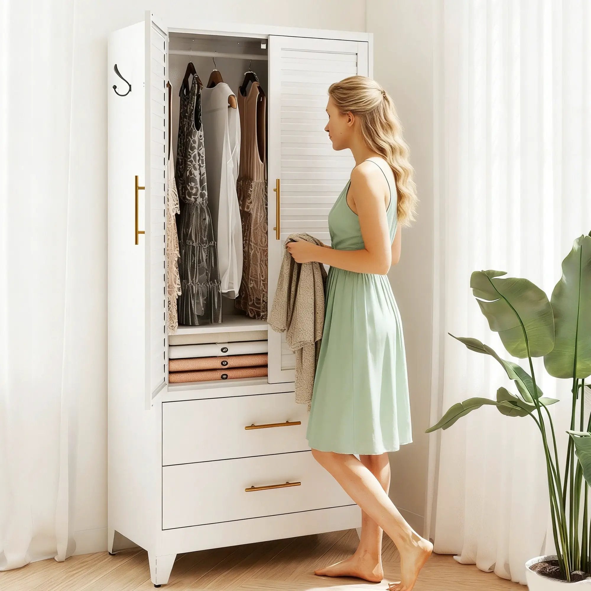 White Metal Wardrobe Closet with 2 Doors and Drawers by HouseOfZazla
