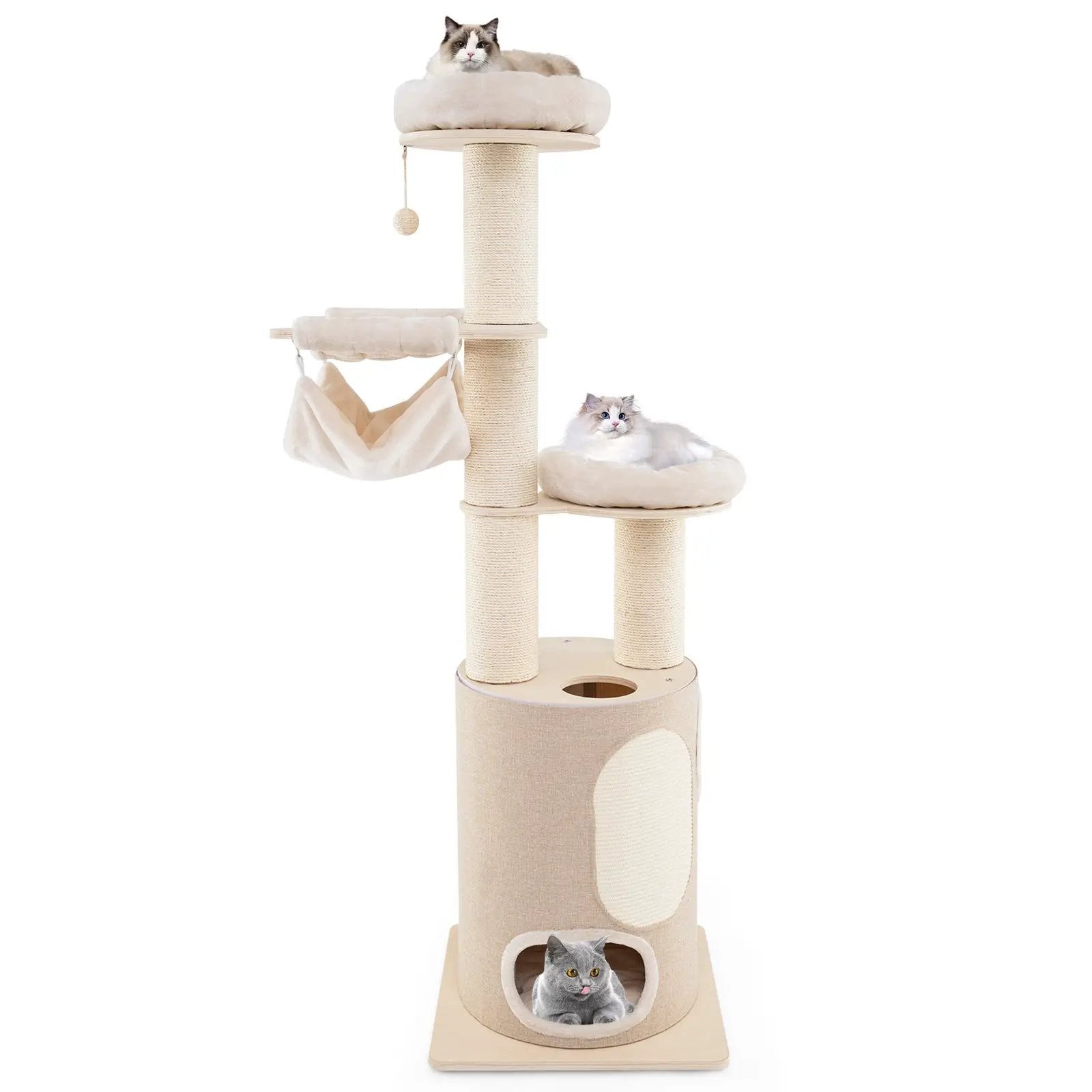 74 Inches Tall Wooden Cat Tower Tree with 2-Story Cat Condo and Washable Cushions-Natural by DirectDeals