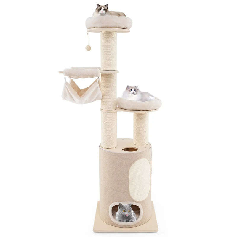 74 Inches Tall Wooden Cat Tower Tree with 2-Story Cat Condo and Washable Cushions-Natural by DirectDeals