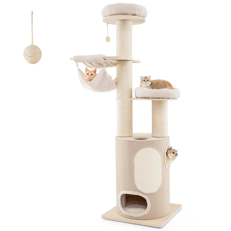 74 Inches Tall Wooden Cat Tower Tree with 2-Story Cat Condo and Washable Cushions-Natural by DirectDeals
