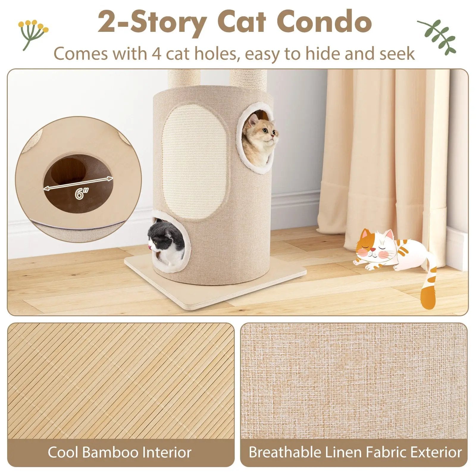 74 Inches Tall Wooden Cat Tower Tree with 2-Story Cat Condo and Washable Cushions-Natural by DirectDeals