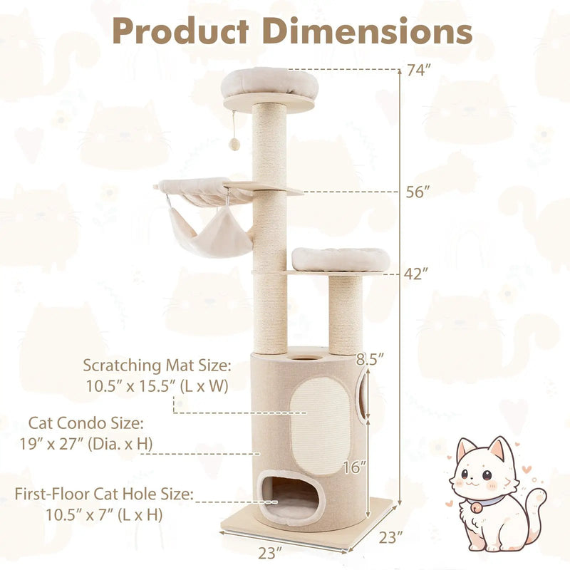74 Inches Tall Wooden Cat Tower Tree with 2-Story Cat Condo and Washable Cushions-Natural by DirectDeals