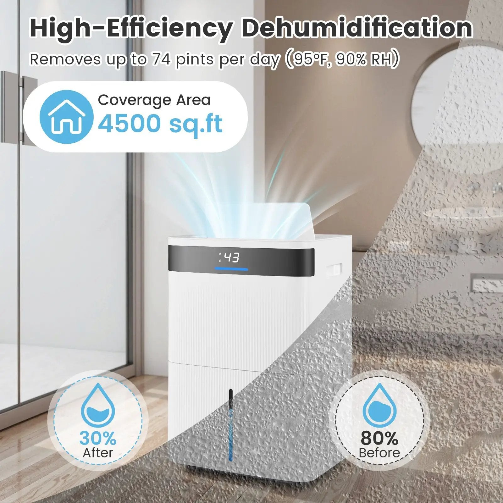 74 Pints Dehumidifier for Home 4500 Sq.Ft Dehumidifier-White by DirectDeals