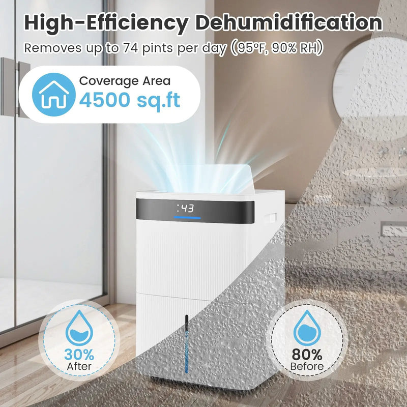 74 Pints Dehumidifier for Home 4500 Sq.Ft Dehumidifier-White by DirectDeals