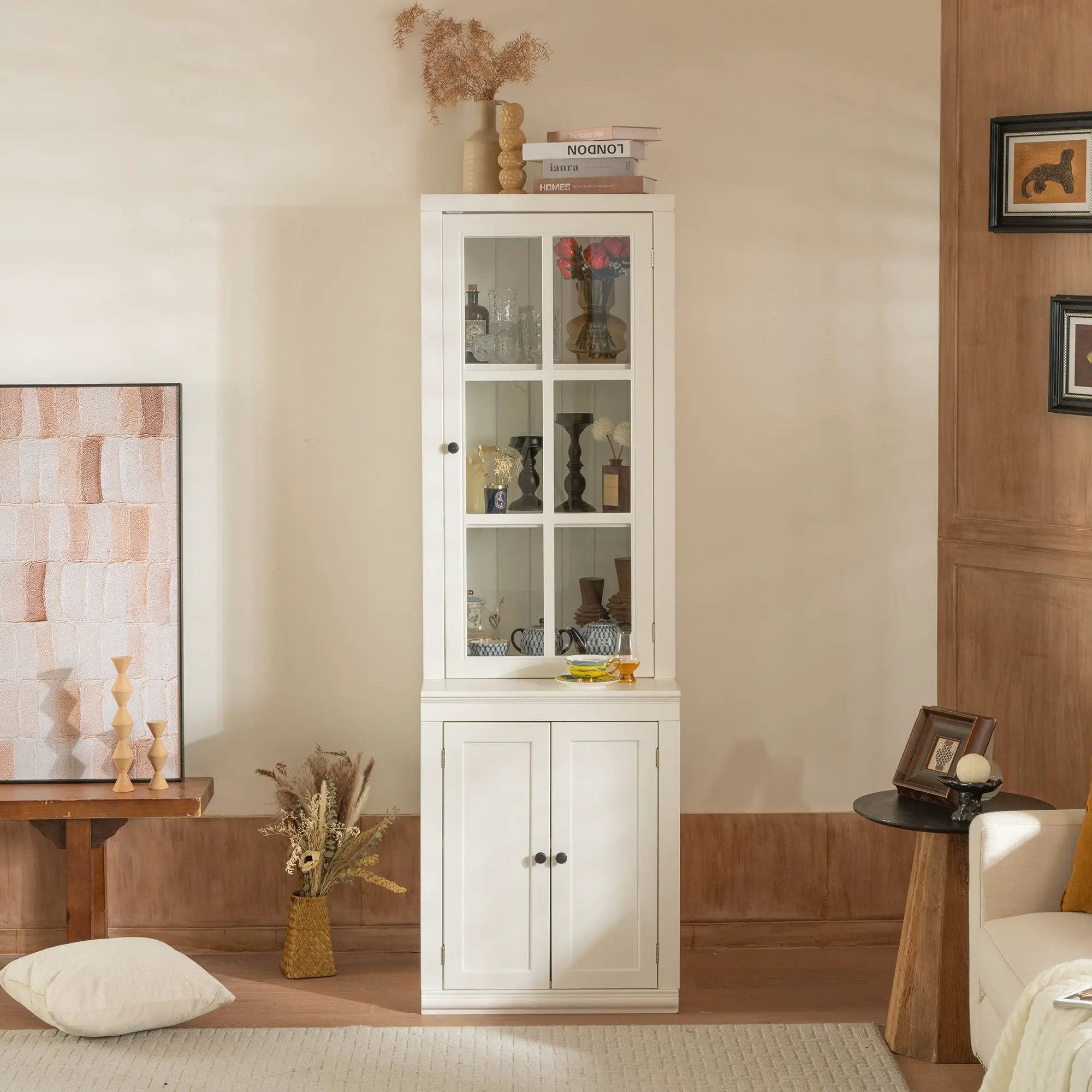 Retro Style Hutch Cabinet With Glass Door, China Cabinet For Home by Unique Piece Furniture