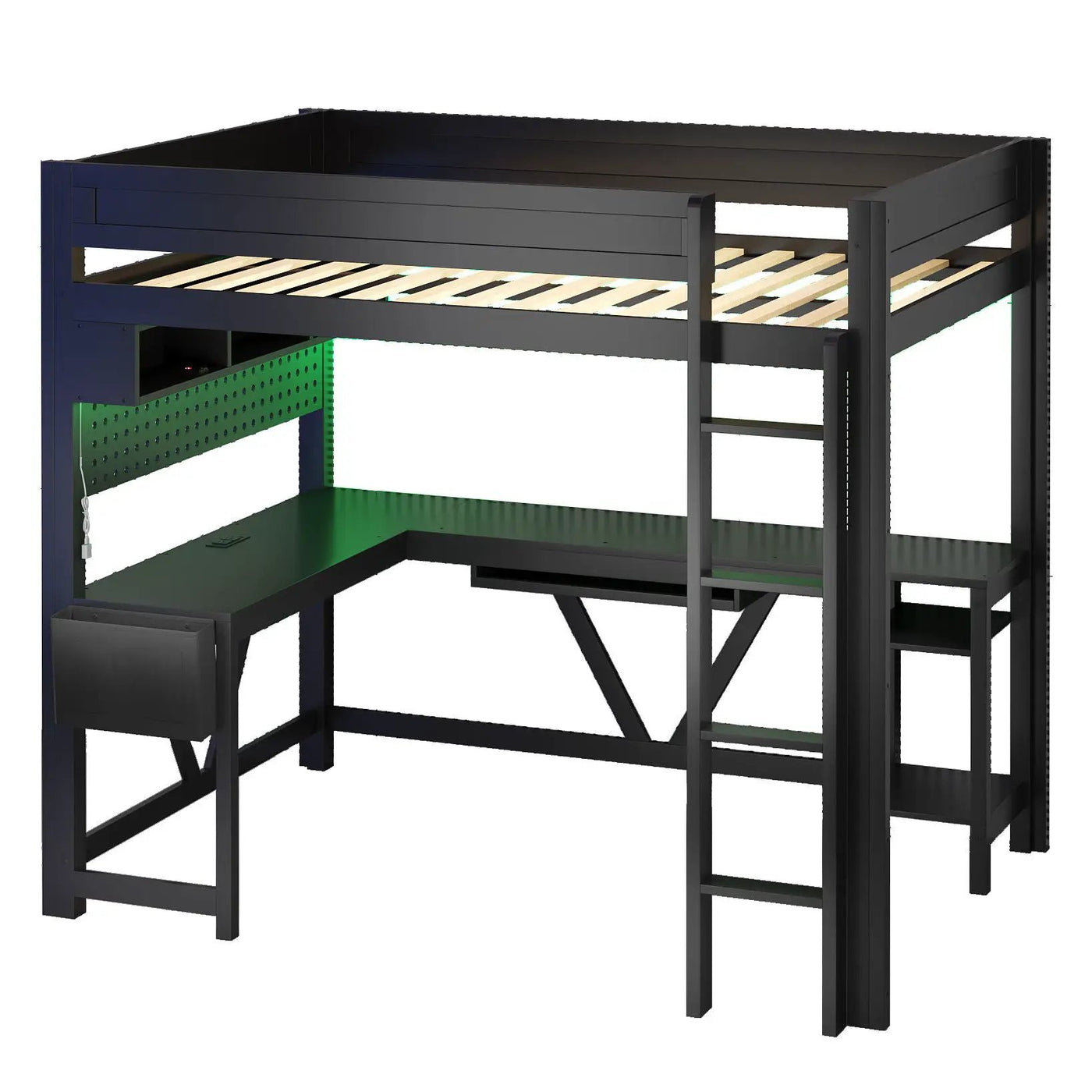 Gaming Loft Bed With Desk, Storage Shelves, LED And Charging Station by HouseOfZazla