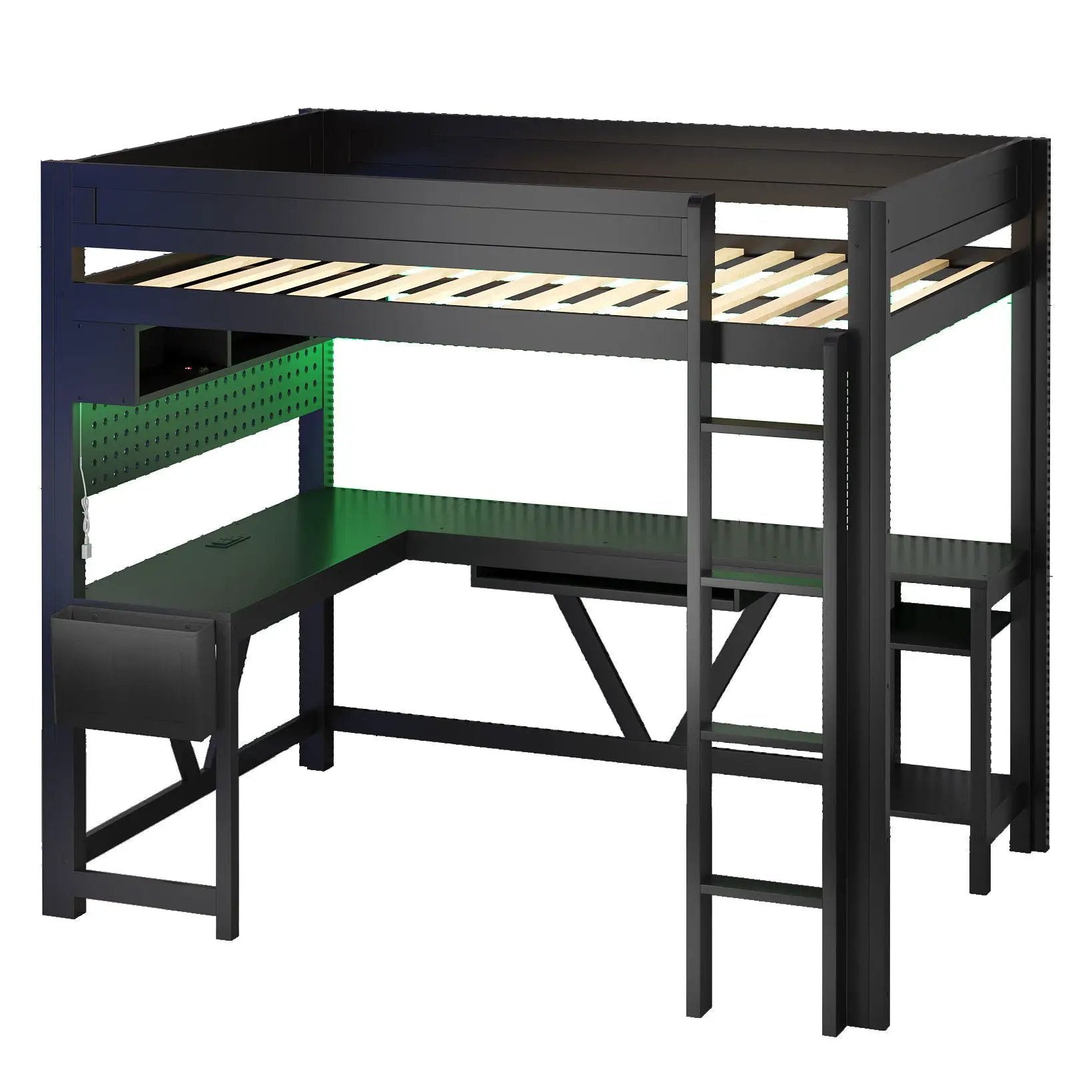 Gaming Loft Bed With Desk, Storage Shelves, LED And Charging Station by HouseOfZazla