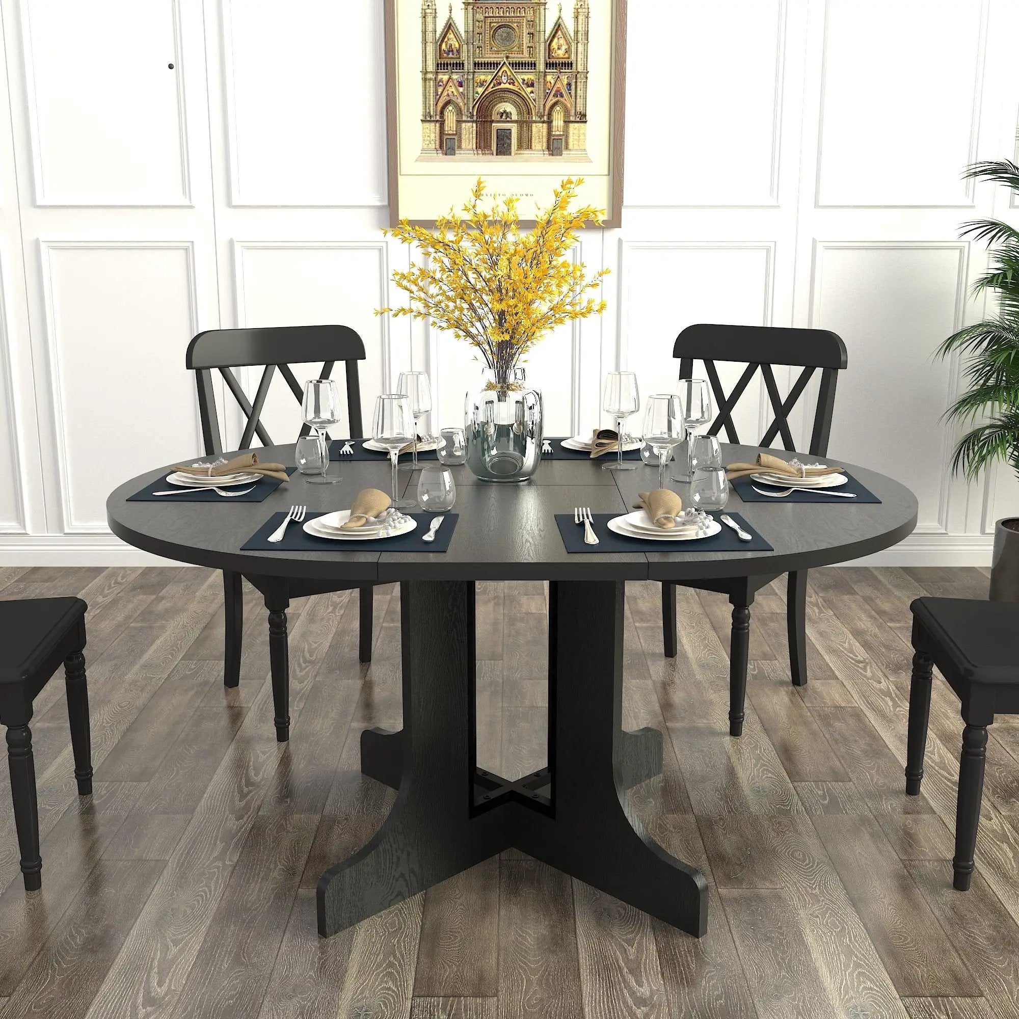 Dining Table For Farmhouse Kitchen Expandable Oval Table Top With Removable Leaf Trestle X Shaped Base - Black by HouseOfZazla