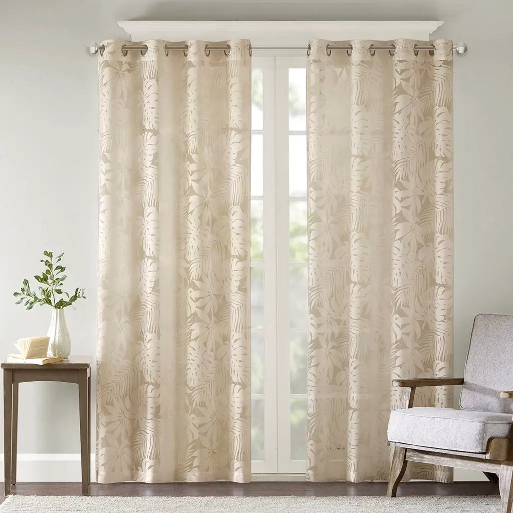 Palm Leaf Burnout Sheer Window Curtain 50x95 Natural by HouseOfZazla