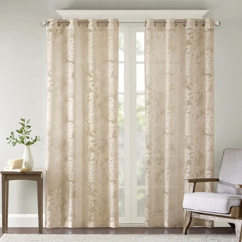 Palm Leaf Burnout Sheer Window Curtain 50x95 Natural by HouseOfZazla