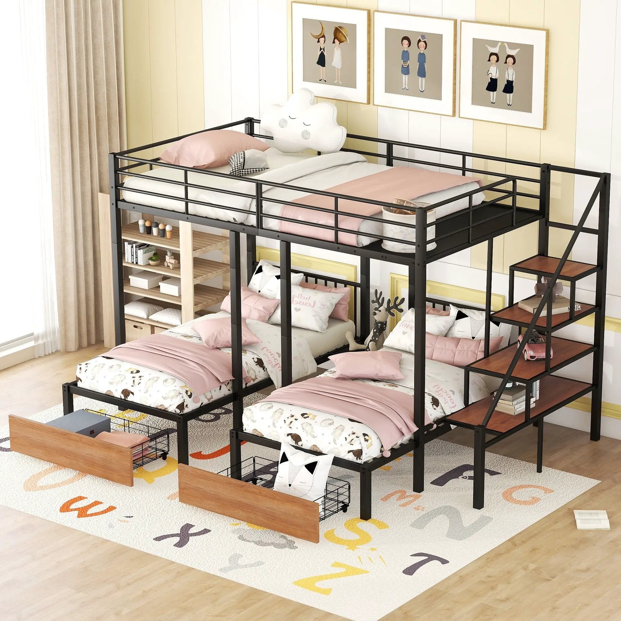 Full Over Twin-Twin Triple Bunk Bed With Drawers And Staircase - Black by Unique Piece Furniture