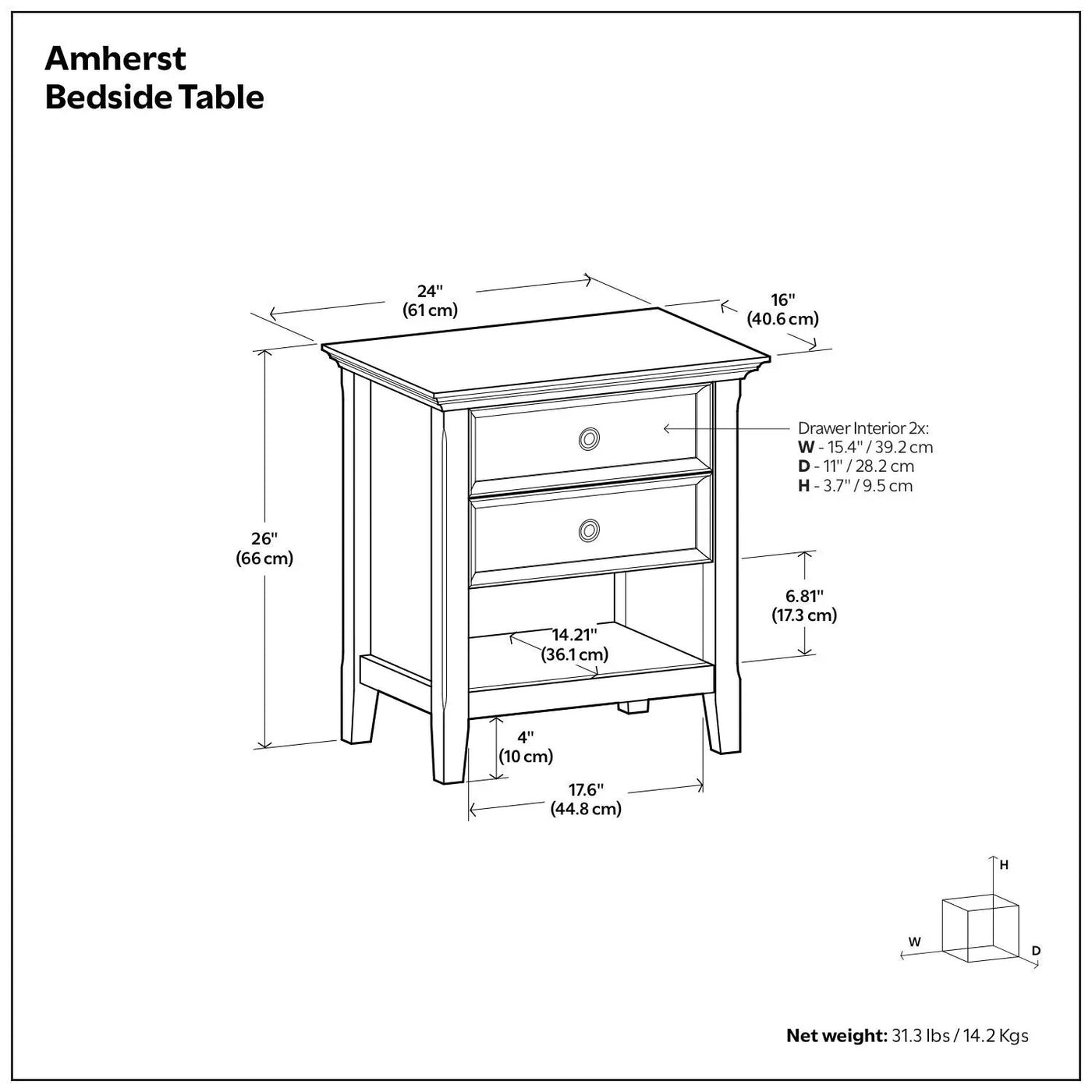 Amherst - Bedside Table, Handcrafted by HouseOfZazla