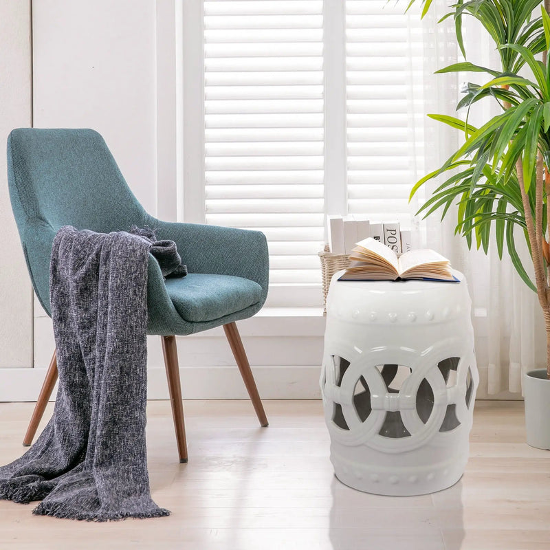 Elegant Glazed Ceramic Drum Stool Indoor / Outdoor Side Table Accent Garden Stool - White by Unique Piece Furniture