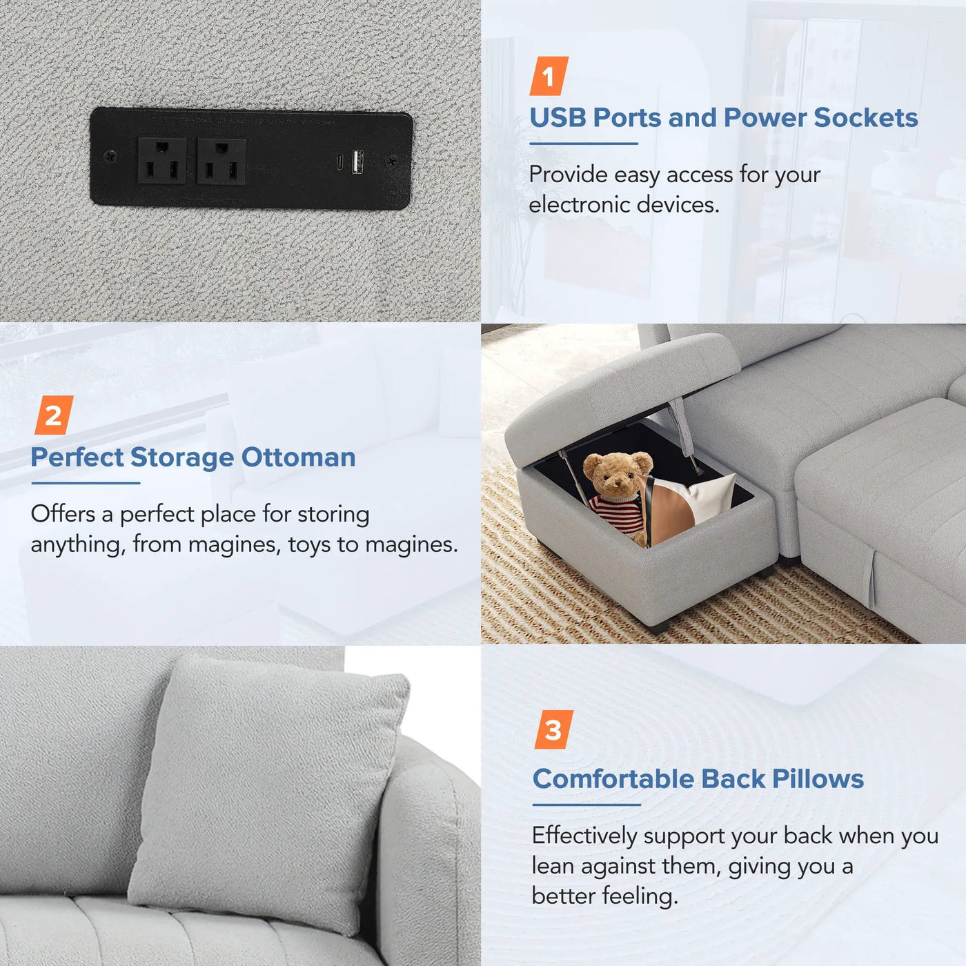 L-Shaped Sectional Pull Out Sofa Bed Sleeper Sofa With Two USB Ports, Two Power Sockets And A Movable Storage Ottoman by Unique Piece Furniture