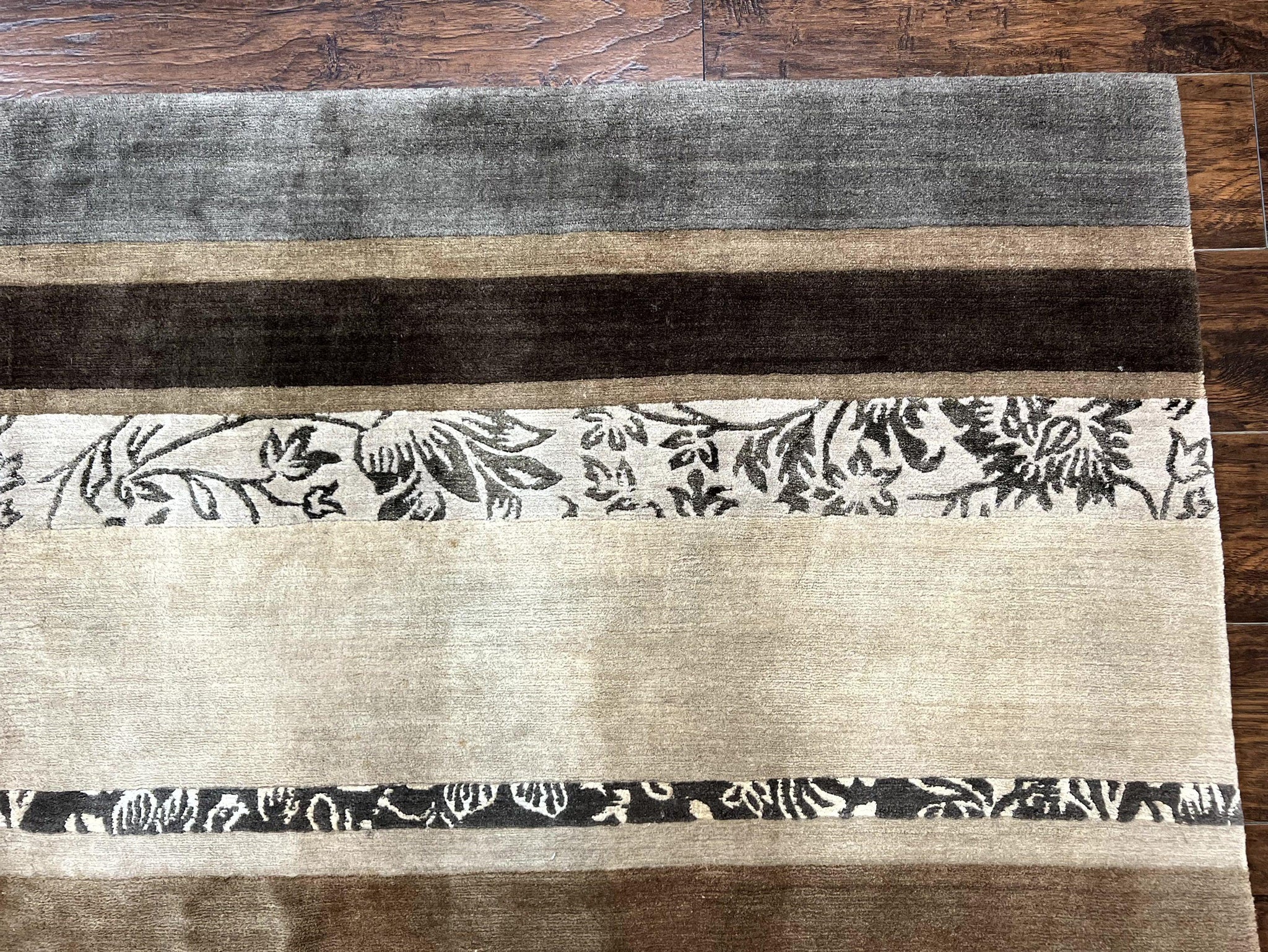 Modern Tibetan Nepali Rug 8x12, Stripe Pattern, Wool with Silk Highlights, Handmade, Beige Tan Brown by Jewel Rugs