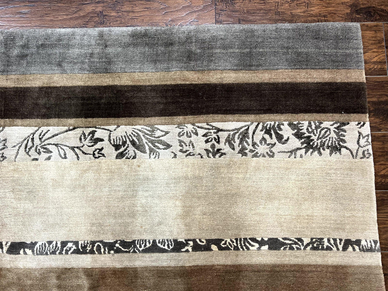 Modern Tibetan Nepali Rug 8x12, Stripe Pattern, Wool with Silk Highlights, Handmade, Beige Tan Brown by Jewel Rugs