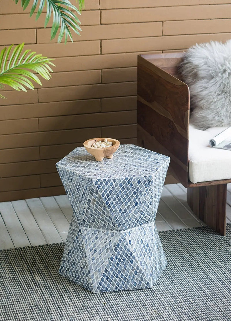19x19x20" Tapered Blue Garden Capiz Stool, Accent Side Table by HouseOfZazla