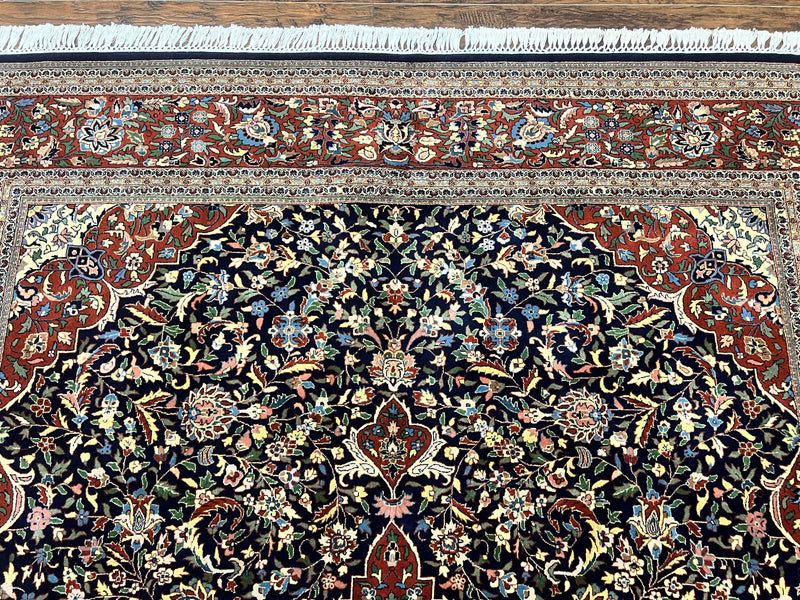 Indo Persian Rug 8x10, Floral Medallion, Vintage Handmade Wool Carpet, Navy Blue and Red, Fine 300 KPSI by Jewel Rugs