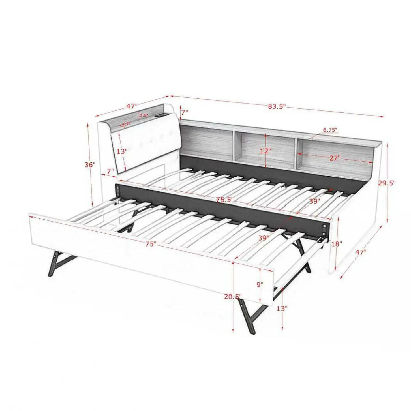 Upholstered Daybed With Storage Headboard, Wireless Charging, LED Lights by HouseOfZazla