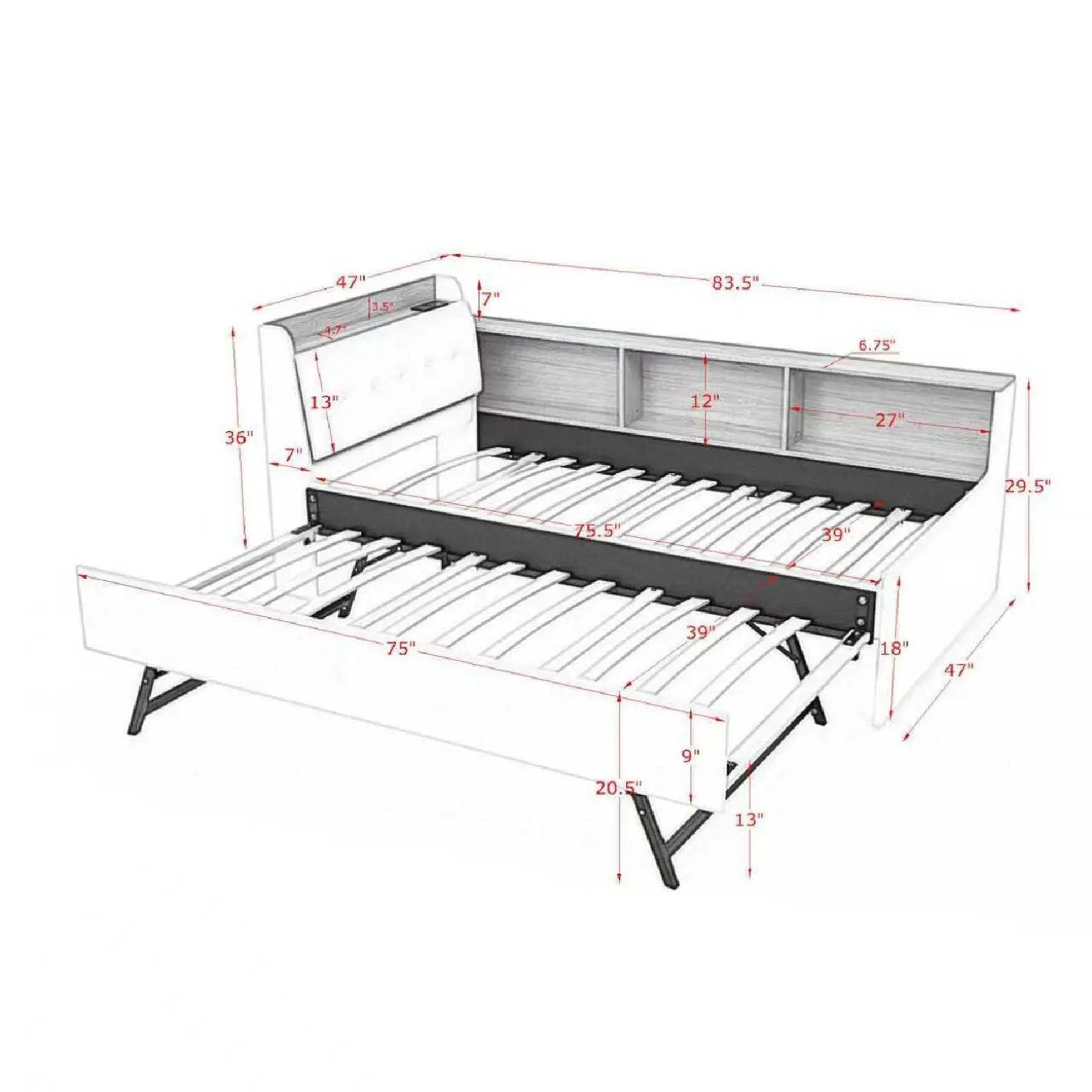 Upholstered Daybed With Storage Headboard, Wireless Charging, LED Lights