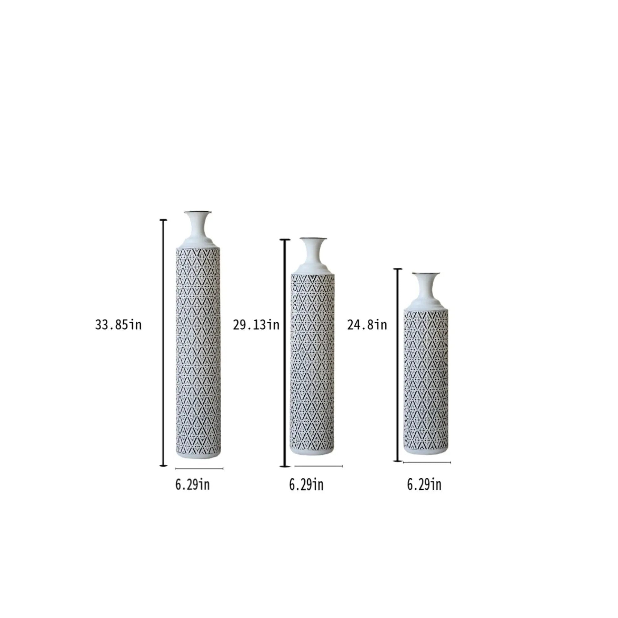 Modern Floor Vase Set Metal Vases With Geometric Pattern, 3 Piece Home Decor Set - White / Black by Unique Piece Furniture