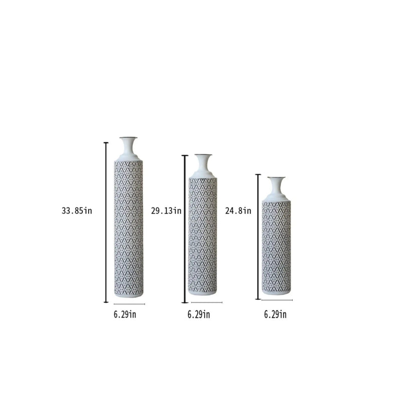Modern Floor Vase Set Metal Vases With Geometric Pattern, 3 Piece Home Decor Set - White / Black by Unique Piece Furniture