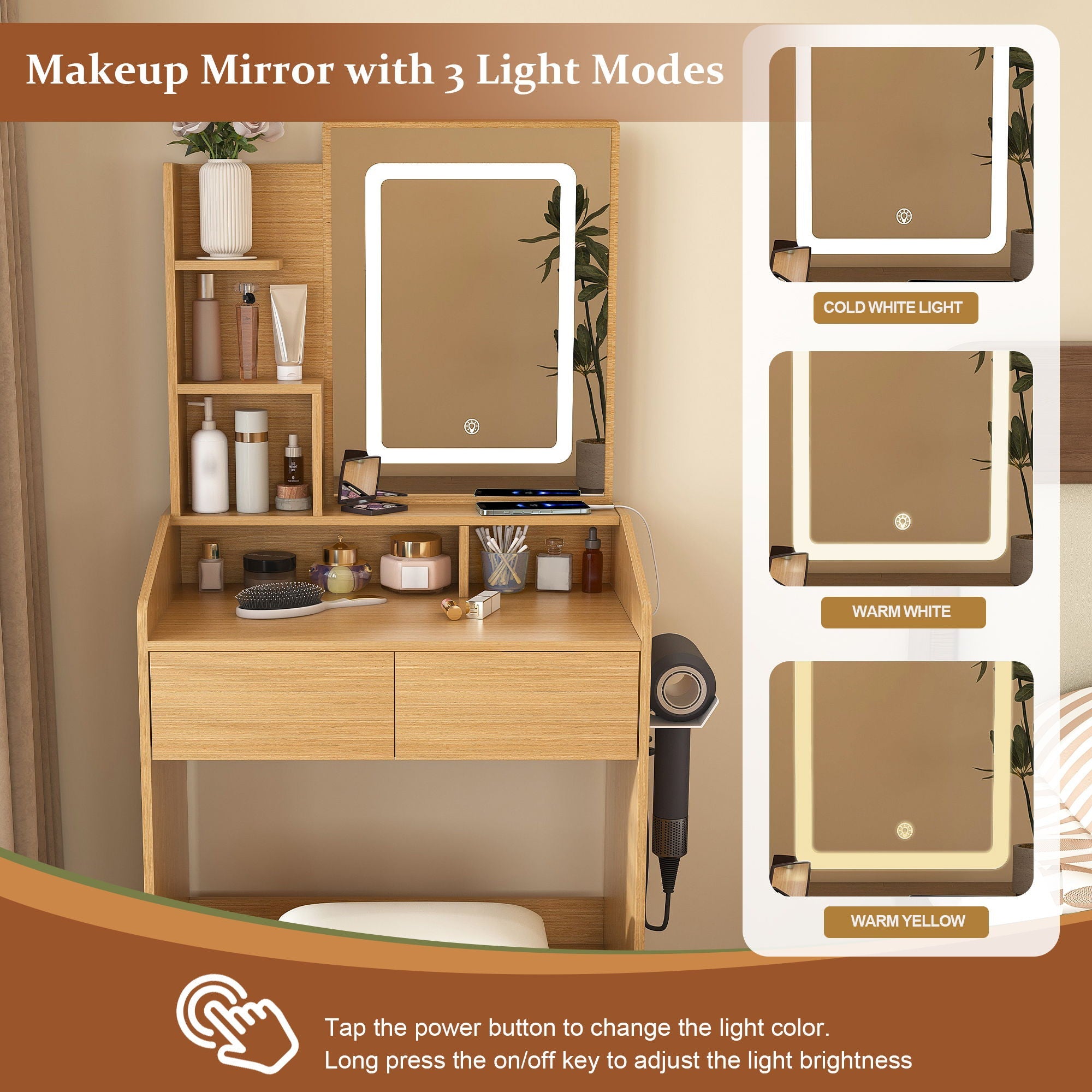 Vanity Table With LED Mirror, Power Outlet, Hairdryer Holder & Padded Stool by HouseOfZazla